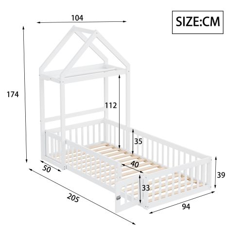 Lit Cabane Enfant 90x200 Cm, Toit De Rangement Et Porte Ouvrante, En Bois, Blanc