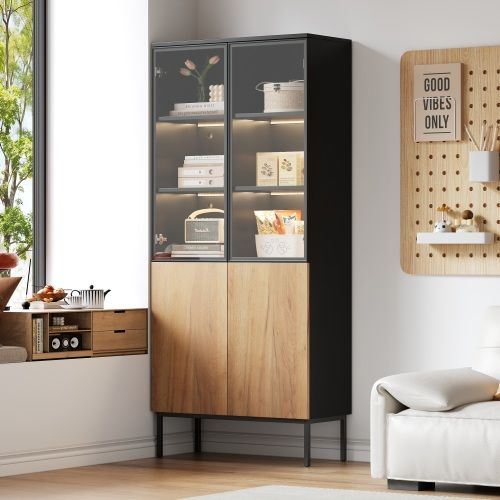 Vitrine Noir Et Chêne 180 Cm Avec Portes En Verre, Éclairage LED USB