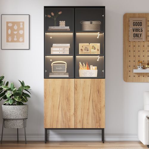 Vitrine Noir Et Chêne 180 Cm Avec Portes En Verre, Éclairage LED USB