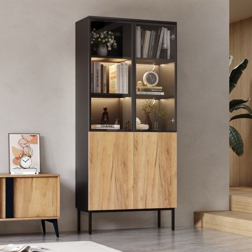 Vitrine Noir Et Chêne 180 Cm Avec Portes En Verre, Éclairage LED USB