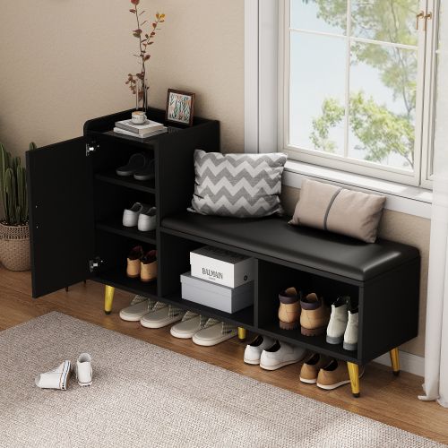 Meuble à Chaussures Noir Avec Assise, Porte Laquée Noir Brillant, Étagères Réglables