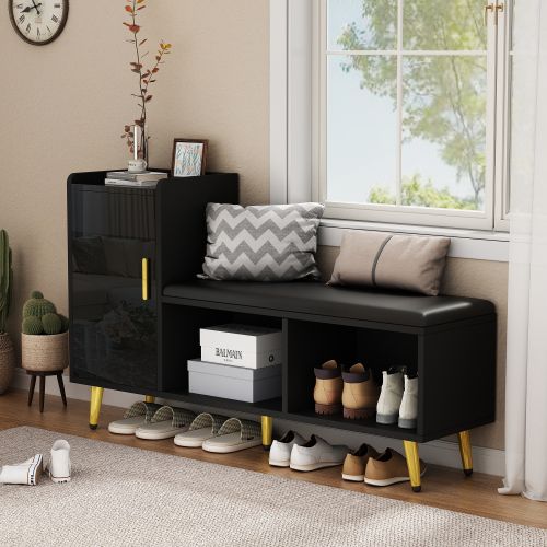 Meuble à Chaussures Noir Avec Assise, Porte Laquée Noir Brillant, Étagères Réglables