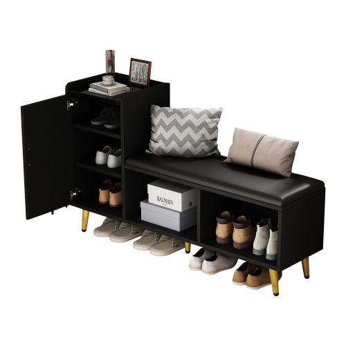 Meuble à Chaussures Noir Avec Assise, Porte Laquée Noir Brillant, Étagères Réglables