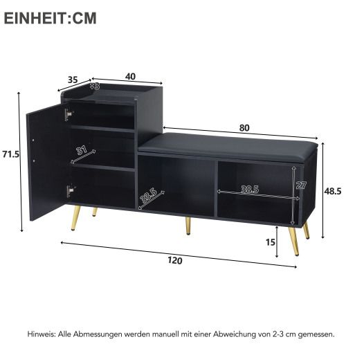 Meuble à Chaussures Noir Avec Assise, Porte Laquée Noir Brillant, Étagères Réglables