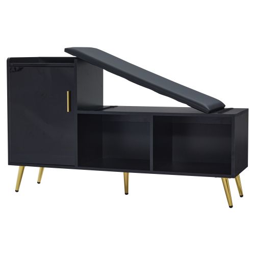 Meuble à Chaussures Noir Avec Assise, Porte Laquée Noir Brillant, Étagères Réglables