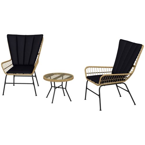 Salon De Jardin Bistrot 3 Pièces En Résine Tressée Noire, 2 Chaises Et Table Verre Trempé