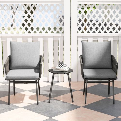 Salon De Jardin Bistro En Rotin 3 Pièces Gris Avec Table 40 Cm Et Coussins Déhoussables