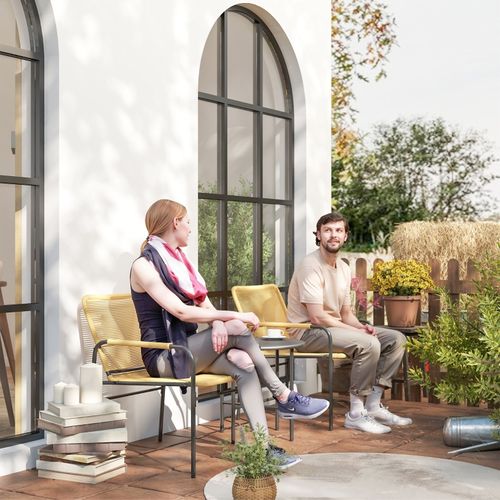 Ensemble Bistro De Jardin En Rotin 3 Pièces Acier Jaune, 2 Fauteuils Et Table 50 Cm