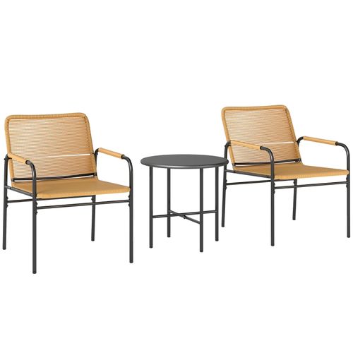 Ensemble Bistro De Jardin En Rotin 3 Pièces Acier Jaune, 2 Fauteuils Et Table 50 Cm