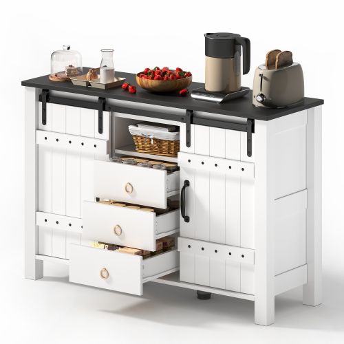 Buffet De Cuisine Blanc 120 X 40 X 80 Cm, 2 Portes Coulissantes, 3 Tiroirs, Style Campagne