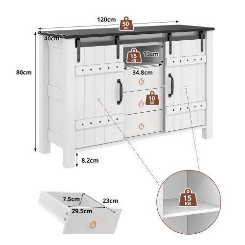 Buffet De Cuisine Blanc 120 X 40 X 80 Cm, 2 Portes Coulissantes, 3 Tiroirs, Style Campagne