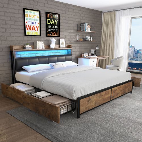 Lit Adulte 160x200 Cm, Avec Sommier à Lattes Et 4 Tiroirs, Tête De Lit LED, En Pu, Noir