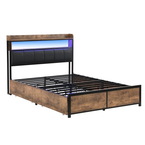 Lit Adulte 160x200 Cm, Avec Sommier à Lattes Et 4 Tiroirs, Tête De Lit LED, En Pu, Noir