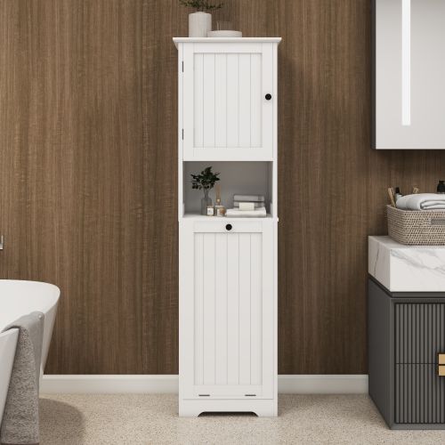 Colonne De Salle De Bain,meuble Trieur à Linge 1 Compartiment 1 Porte Basculante, Blanc