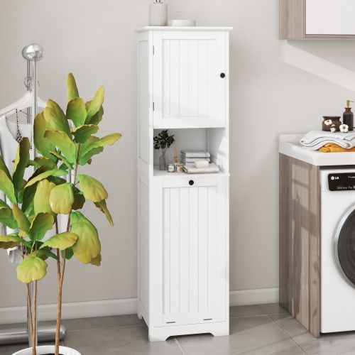 Colonne De Salle De Bain,meuble Trieur à Linge 1 Compartiment 1 Porte Basculante, Blanc