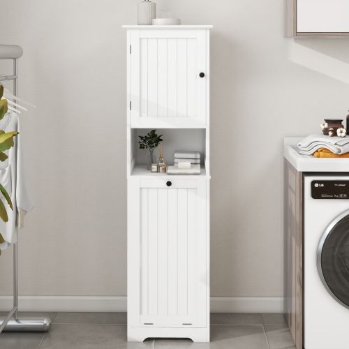 Colonne De Salle De Bain,meuble Trieur à Linge 1 Compartiment 1 Porte Basculante, Blanc