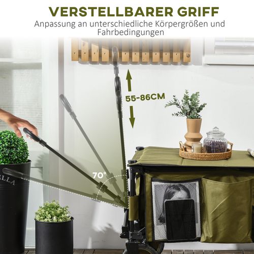 Chariot De Transport Pliable Vert Avec Tablette, Poignée Réglable, 4 Roues Freinées Et 5 Poches