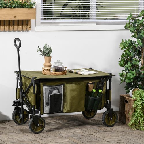 Chariot De Transport Pliable Vert Avec Tablette, Poignée Réglable, 4 Roues Freinées Et 5 Poches