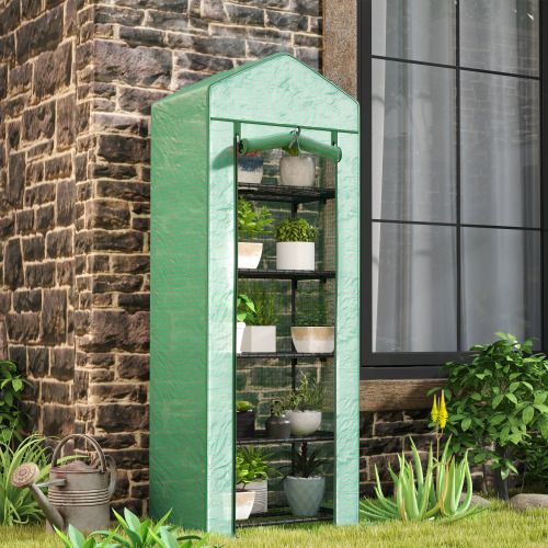 Serre De Balcon 5 Étagères Avec Porte Enroulable, 69x49x193 Cm, Housse Transparente, Vert