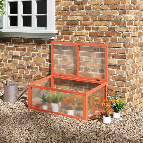 Mini Serre De Jardin En Bois Et Polycarbonate, Toit Ouvrant, Orange