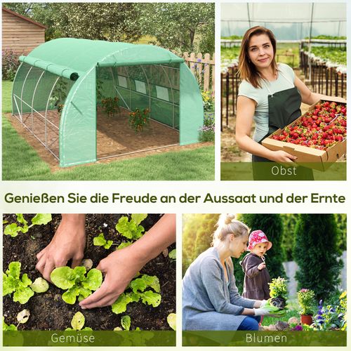Serre Tunnel De Jardin 3,97x3x2 M Acier Galvanisé, 8 Fenêtres, Porte Zippée, Bâche Pe Anti-uv Verte