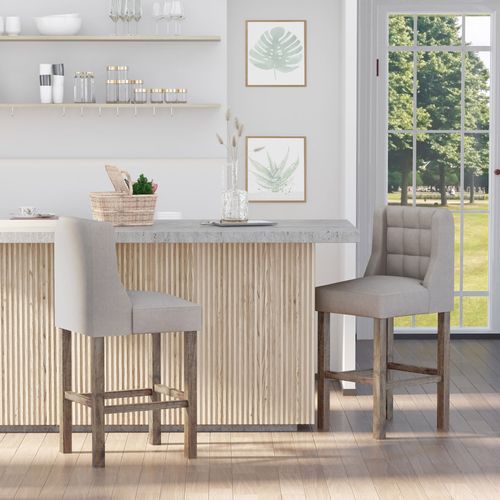 Lot De 2 Tabourets De Bar Avec Dossier, Tissu En Polyester, Piètement Bois, Beige