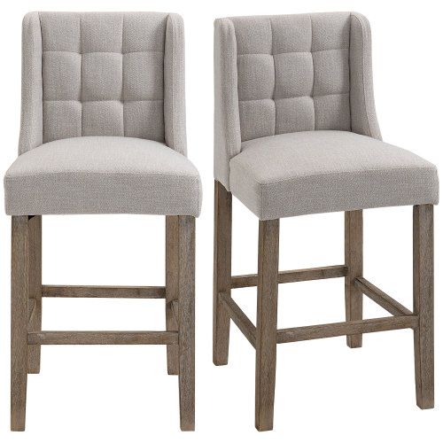 Lot De 2 Tabourets De Bar Avec Dossier, Tissu En Polyester, Piètement Bois, Beige