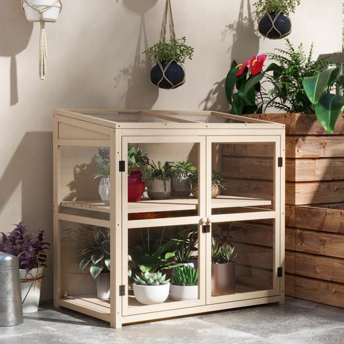 Mini-serre De Jardin En Bois 2 Niveaux, Portes Doubles, Toit Ouvrant 103x61x103 Cm