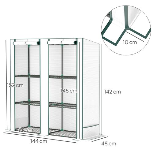 Serre De Balcon Acier Avec Bâche Uv, 3 Niveaux, 2 Portes Enroulables, 144x48x152 Cm, Blanc