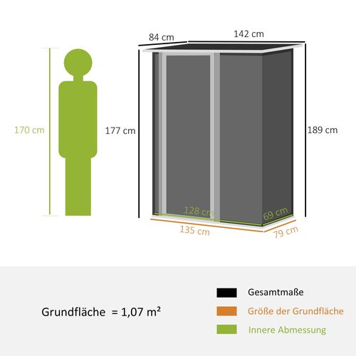 Abri De Jardin En Métal Acier Gris Foncé 142x84x189 Cm Avec Grande Porte