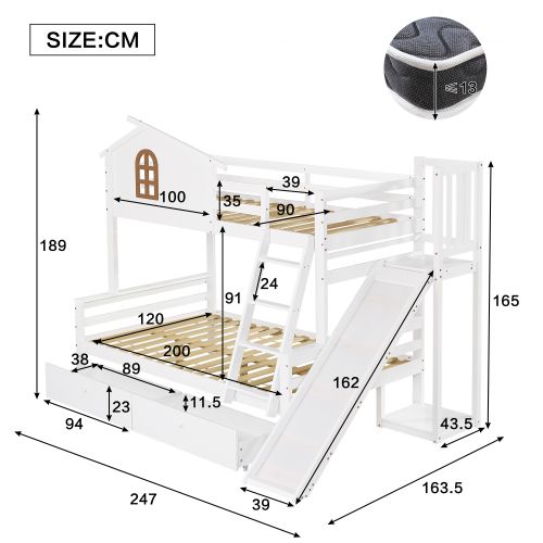 Lit Superposé 90x200 Cm Et 120x200 Cm, Lit Enfant Avec Toboggan Et 2 Tiroirs, En Bois, Blanc