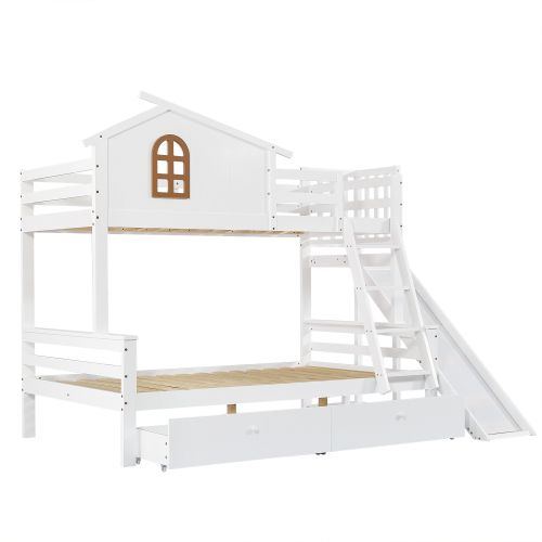 Lit Superposé 90x200 Cm Et 120x200 Cm, Lit Enfant Avec Toboggan Et 2 Tiroirs, En Bois, Blanc