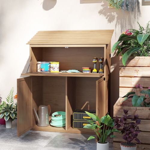 Armoire De Jardin En Bois Brun Avec Double Portes Et Tablette Rabattable 110 X 54 X 136 Cm