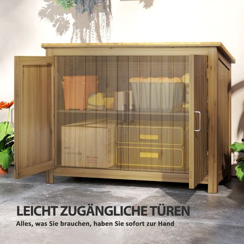 Armoire De Jardin En Bois Marron 110x50x85 Cm Avec Double Portes, Toit Incliné Et Étagères
