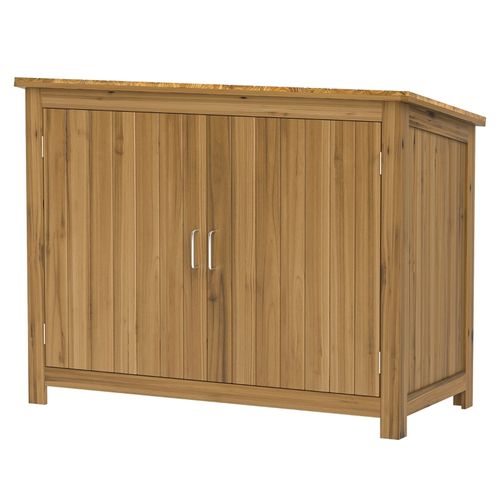 Armoire De Jardin En Bois Marron 110x50x85 Cm Avec Double Portes, Toit Incliné Et Étagères