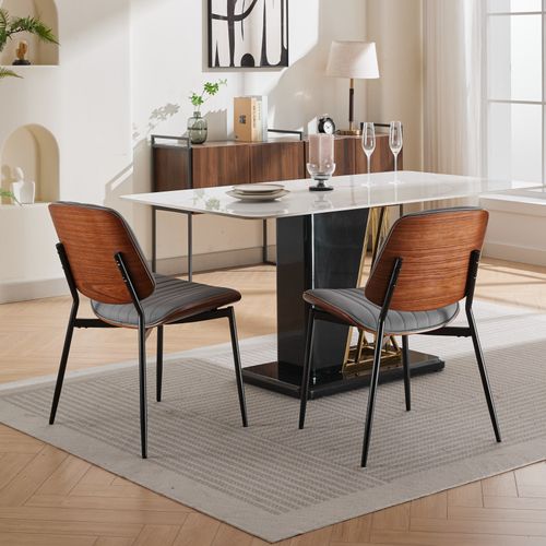 Lot De 2 Chaises De Salle à Manger, Dossier Bois Cintré, Assise Pu, Gris