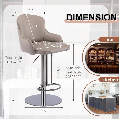 Tabouret De Bar Réglable Et Pivotant, Assise Cuir Rembourrée, Piètement Inox Noir Titane,Beige foncé