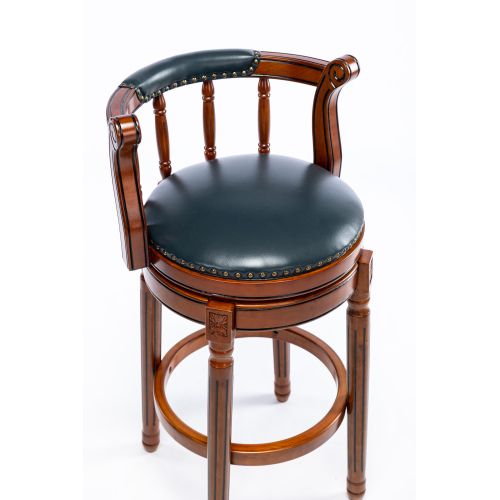 Tabouret De Bar Pivotant 360°, Dossier Incurvé, Cuir Véritable Et Bois, Bleu