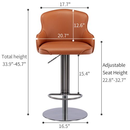 Tabouret De Bar Réglable, Pivotant 360°, Dossier Incurvé, Piètement Acier Inoxydable, Brun