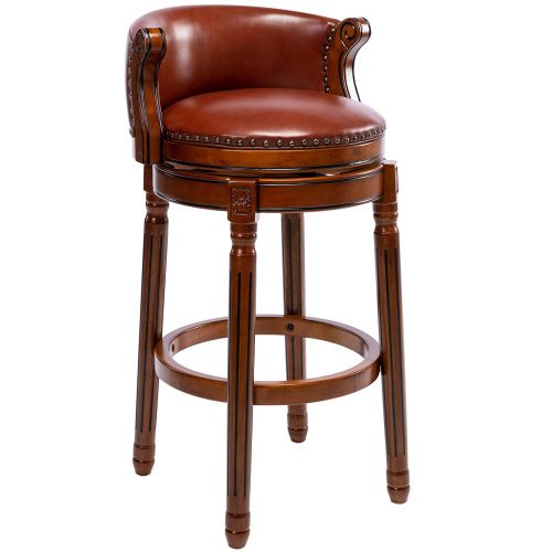 Tabouret De Bar Pivotant, Assise En Cuir Bovin, Dossier Incurvé, En Bois, Hauteur 66 Cm, Marron
