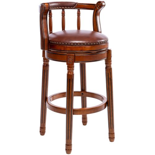 Tabouret De Bar Pivotant 360°, Assise Cuir De Vachette Rembourrée, Dossier Bois, Marron