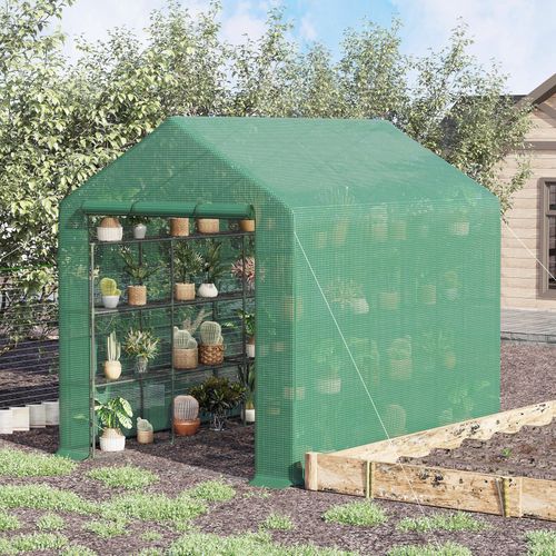 Serre De Jardin Avec Étagères 8 Niveaux, Porte Enroulable, Housse Pe, Cadre Acier, Verte