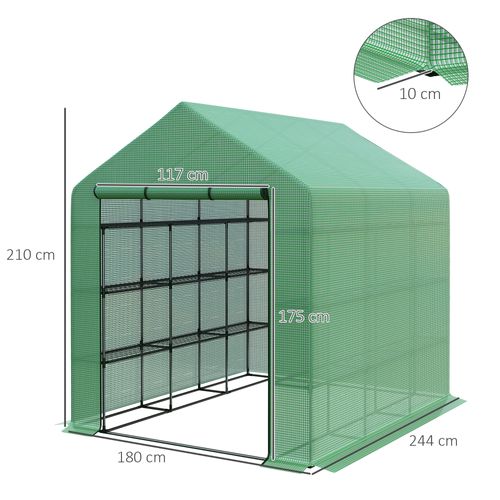 Serre De Jardin Avec Étagères 8 Niveaux, Porte Enroulable, Housse Pe, Cadre Acier, Verte