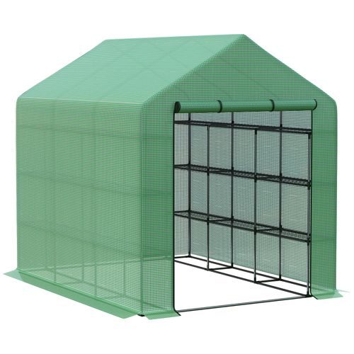 Serre De Jardin Avec Étagères 8 Niveaux, Porte Enroulable, Housse Pe, Cadre Acier, Verte