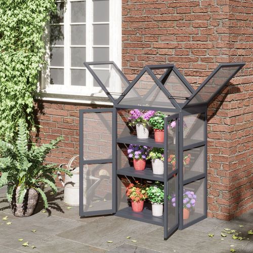 Mini Serre De Jardin 3 Niveaux En Bois Gris Avec Toit Ouvrant Et Doubles Portes 70,5x42x132 Cm