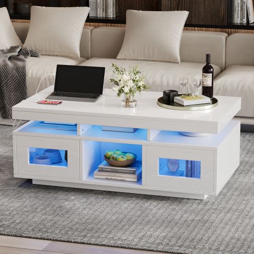 Table Basse Rectangulaire Blanche 100x50x43 Cm Avec LED, Prises Et Rangement