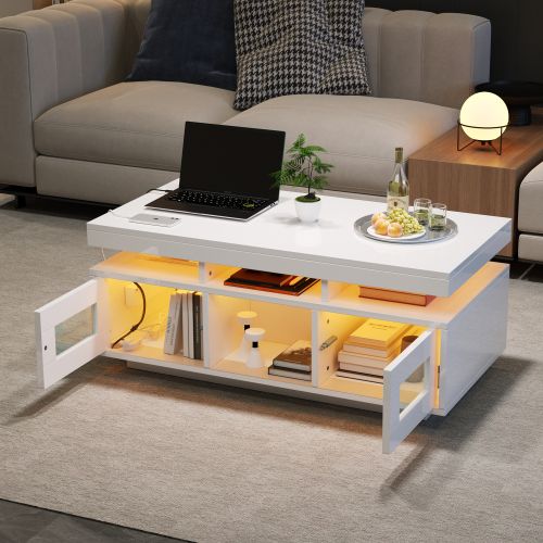 Table Basse Rectangulaire Blanche 100x50x43 Cm Avec LED, Prises Et Rangement