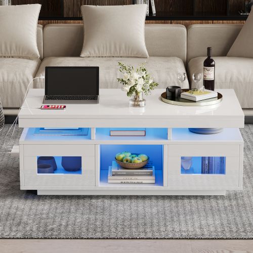 Table Basse Rectangulaire Blanche 100x50x43 Cm Avec LED, Prises Et Rangement