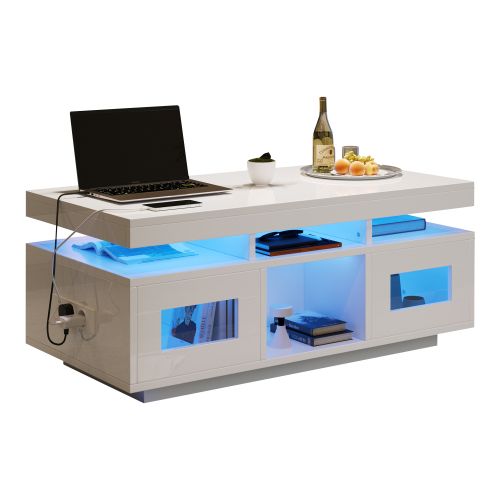 Table Basse Rectangulaire Blanche 100x50x43 Cm Avec LED, Prises Et Rangement