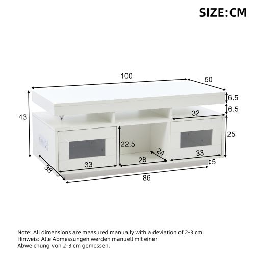 Table Basse Rectangulaire Blanche 100x50x43 Cm Avec LED, Prises Et Rangement